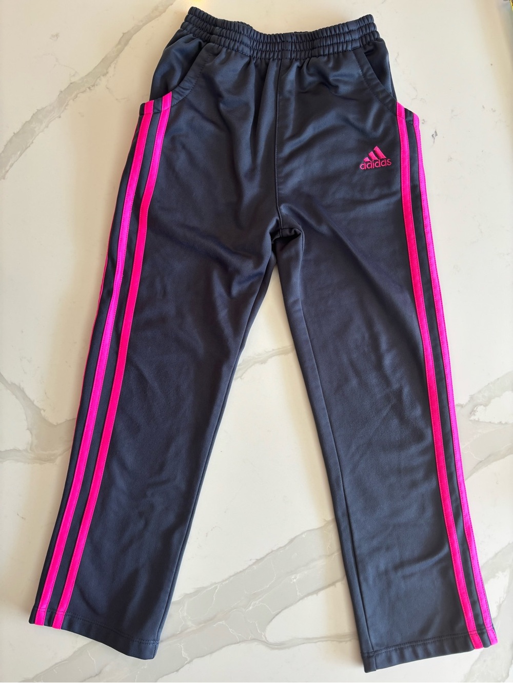 Adidas Girls Gray Track Pants with Classic Pink Stripes Size 6X Sporty Bottoms